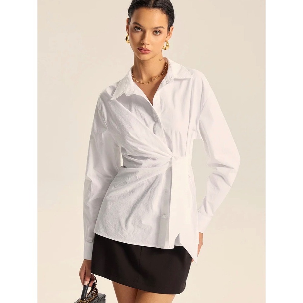 COMMENSE White Twist Front Tie Waist Button Up Blouse Shirt OA230516019 Size M